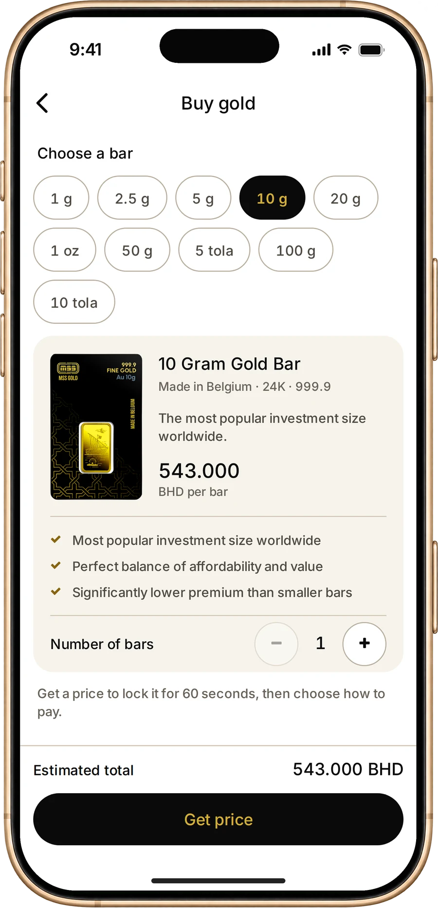 Choosing a 10 g bar in the MSS Gold App at today's live price in BHD