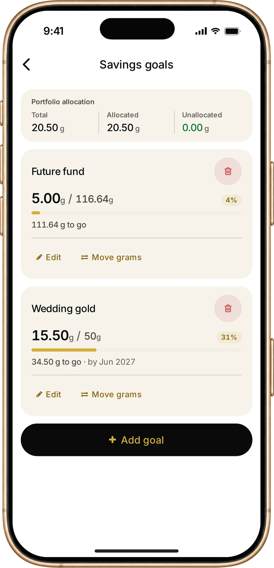 MSS Gold savings goals screen showing a Future fund goal and a Wedding gold goal