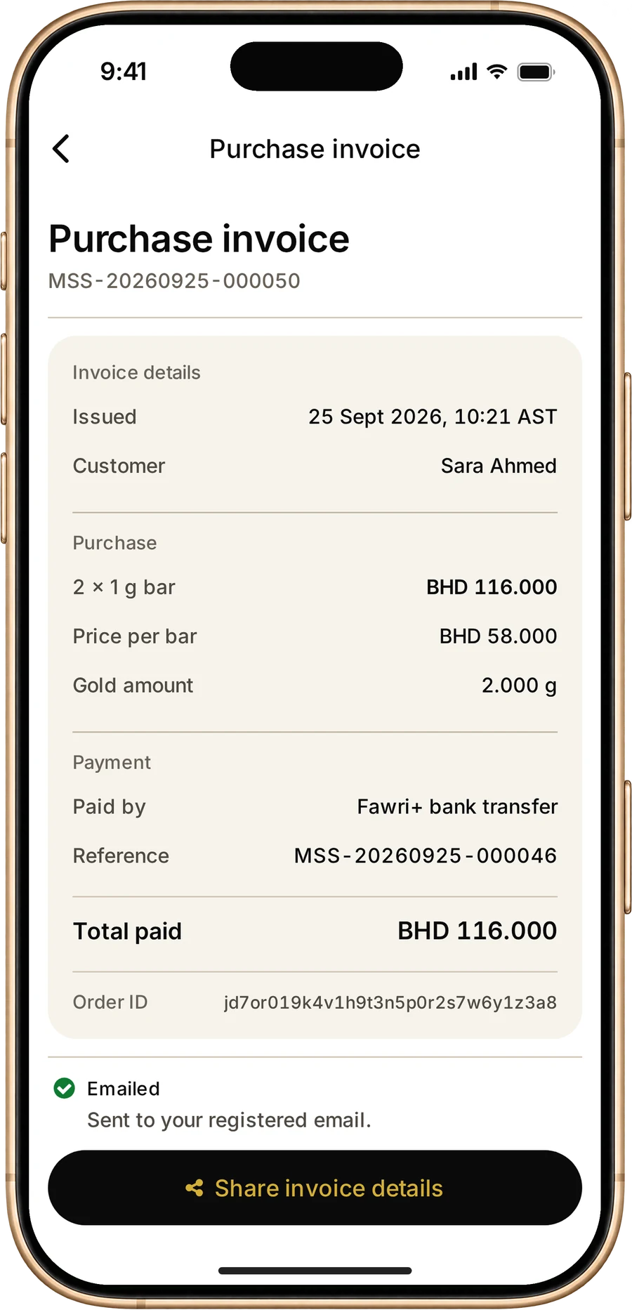 MSS Gold purchase invoice showing the bars bought, the price and how they were paid for