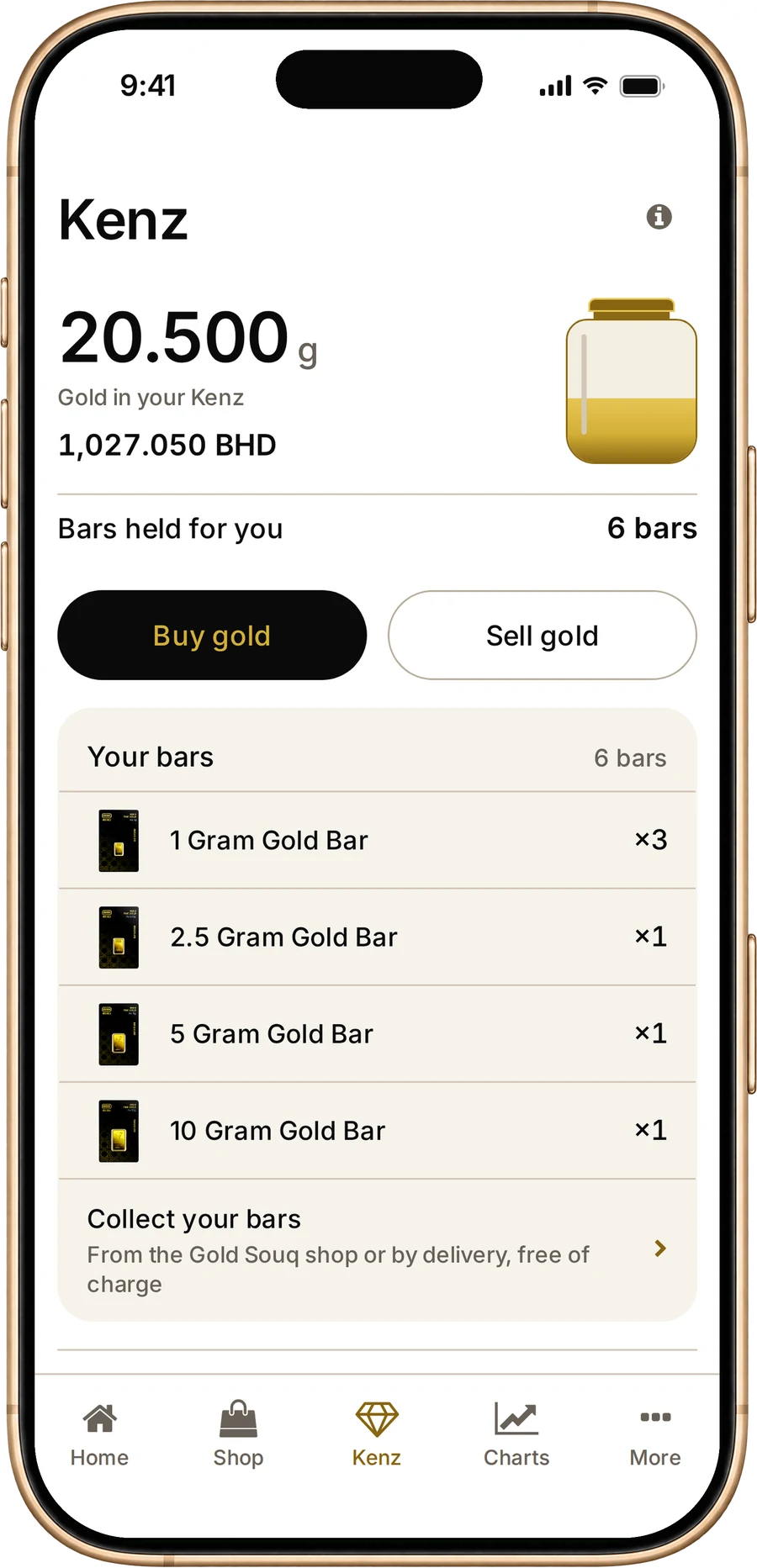 Kenz in the MSS Gold App showing the bars you own and the Buy and Sell buttons
