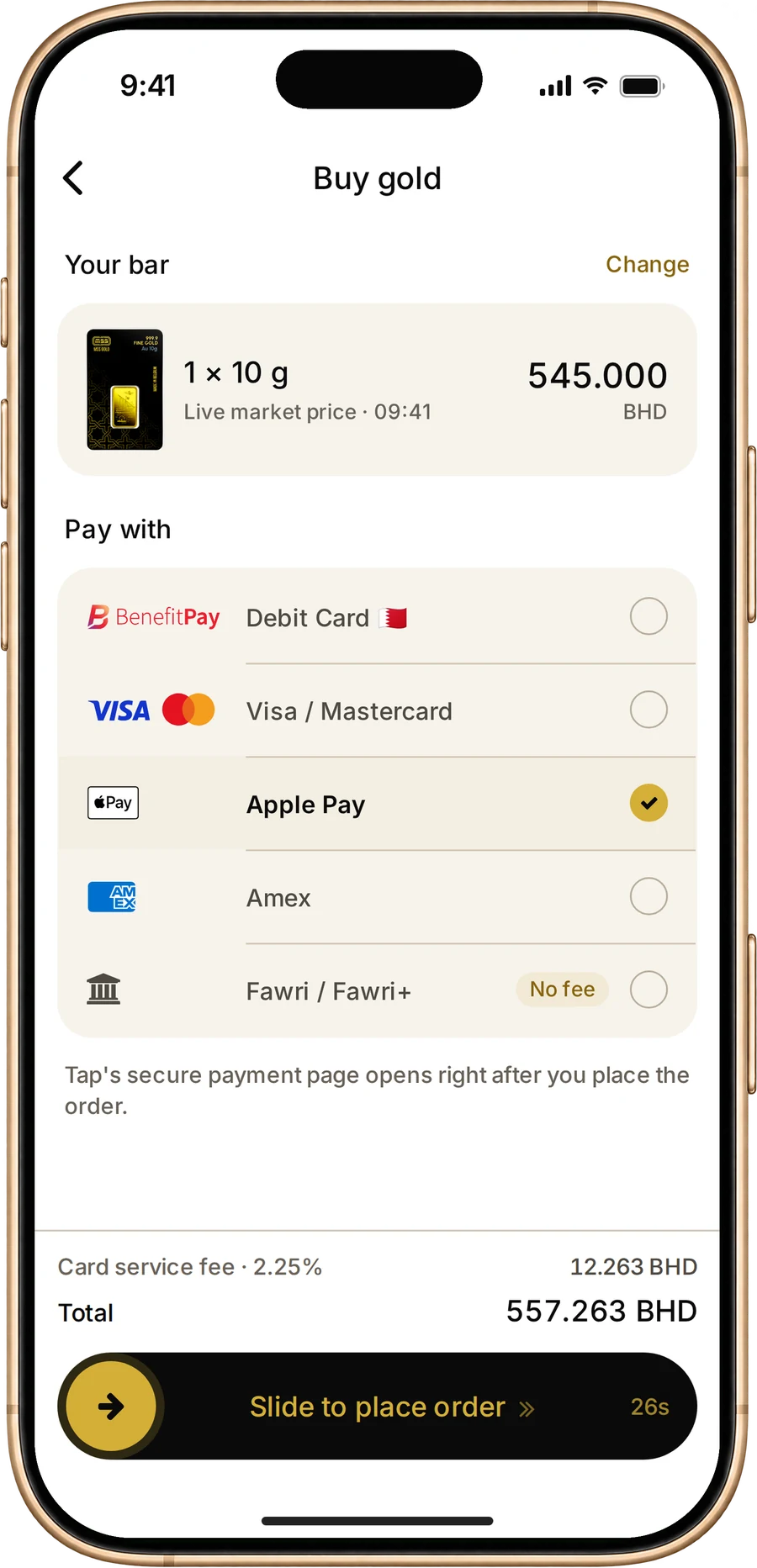 The MSS Gold App's Buy screen with a 10 g bar and every way to pay: BENEFIT debit card, Visa, Mastercard, Apple Pay, American Express, or Fawri / Fawri+ bank transfer with no service fee, and the card service fee shown before you pay