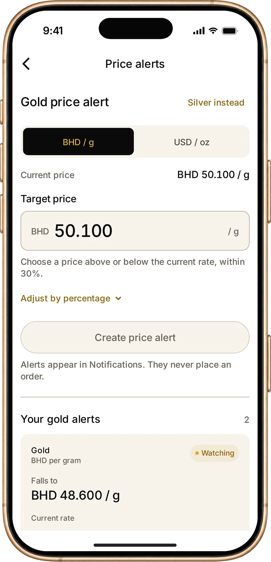 MSS Gold price alerts screen for setting a gold target price in BHD per gram, with your open alerts below