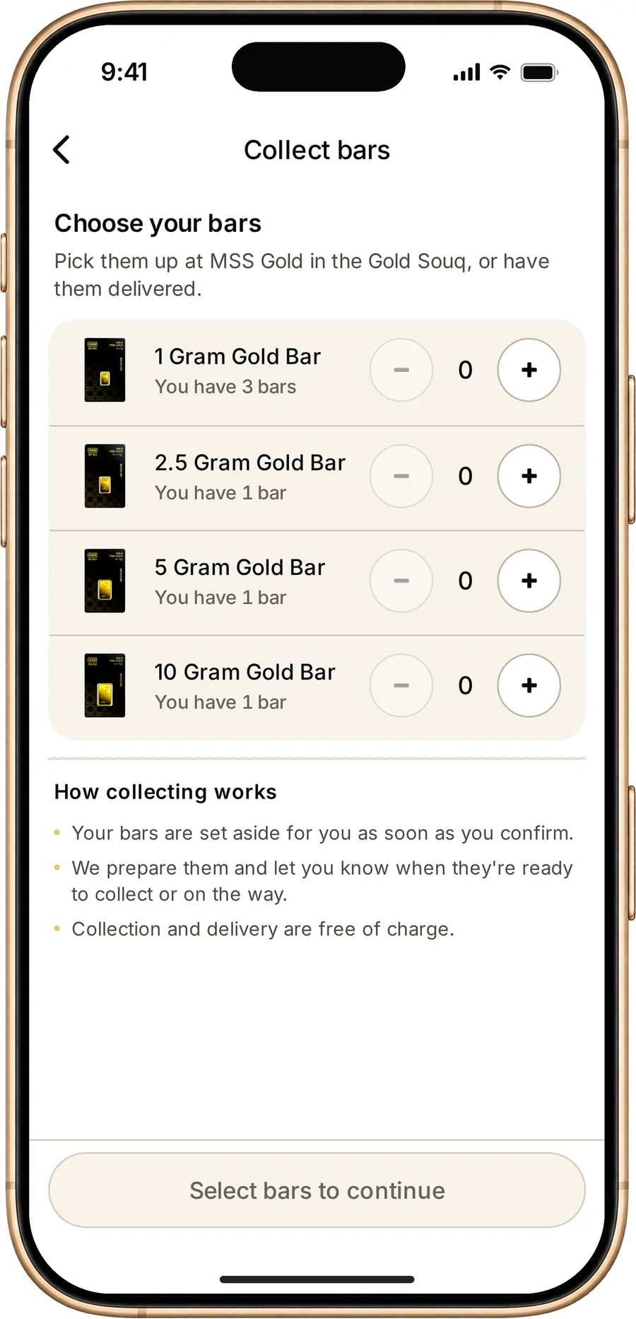 The MSS Gold screen for choosing bars to collect, showing 1 g, 2.5 g, 5 g and 10 g bars