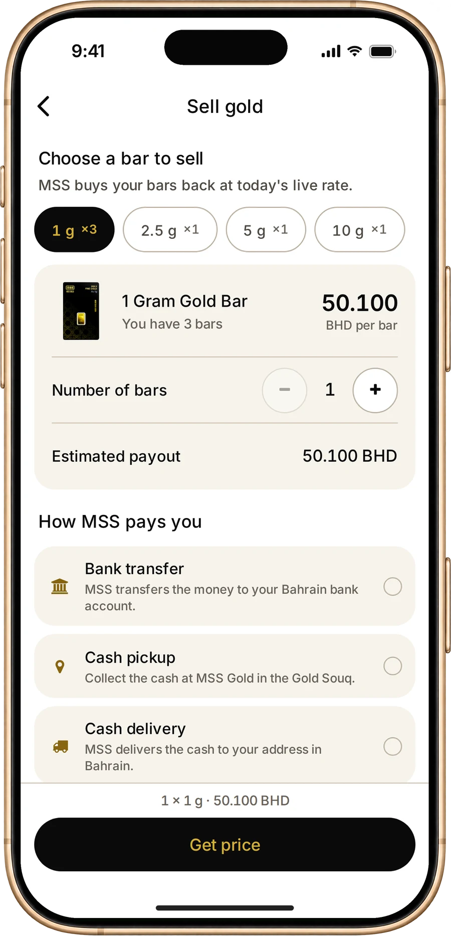 Selling a gold bar back to MSS in the MSS Gold App at today's live rate, with the payout options