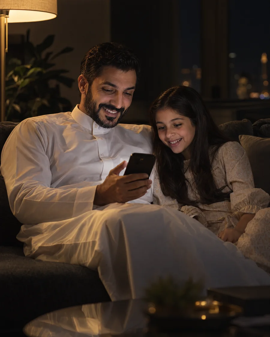 A father and daughter looking at a phone together at home